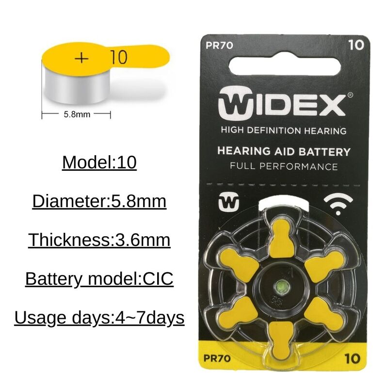 Коробка аккумуляторов для слухового аппарата Widex, Размер 10, A10, 10A, желтый, PR70, Цинковый воздух (60 аккумуляторных элементов)