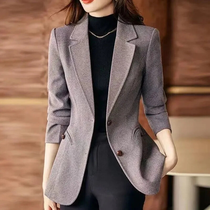 Jaqueta casual de peito único feminina, casaco solto, blazer de bolso de botão, casaco feminino, nova moda, primavera e outono, 2024