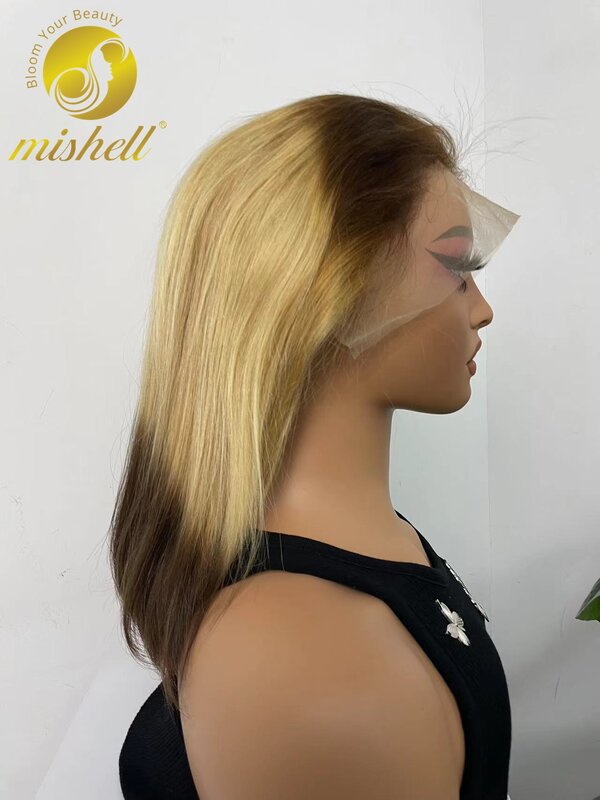 Peluca de cabello humano brasileño Remy, pelo corto y liso con encaje Frontal transparente, 4-250%-4 colores, 13x4, densidad de 613