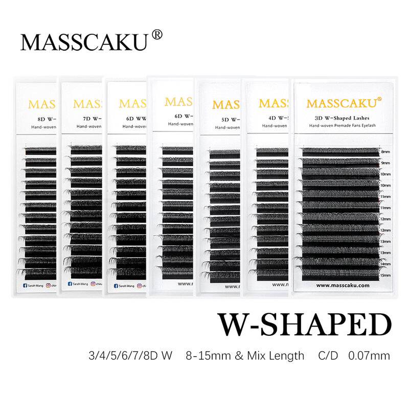 MASSCAKU-Extensions de Cils Préfabriqués, Design W, 3D, 4D, 5D, 6D, 7D, 8D, 10D, C/D Curl, Naturelle, Douce, Légère, Complète, Dense