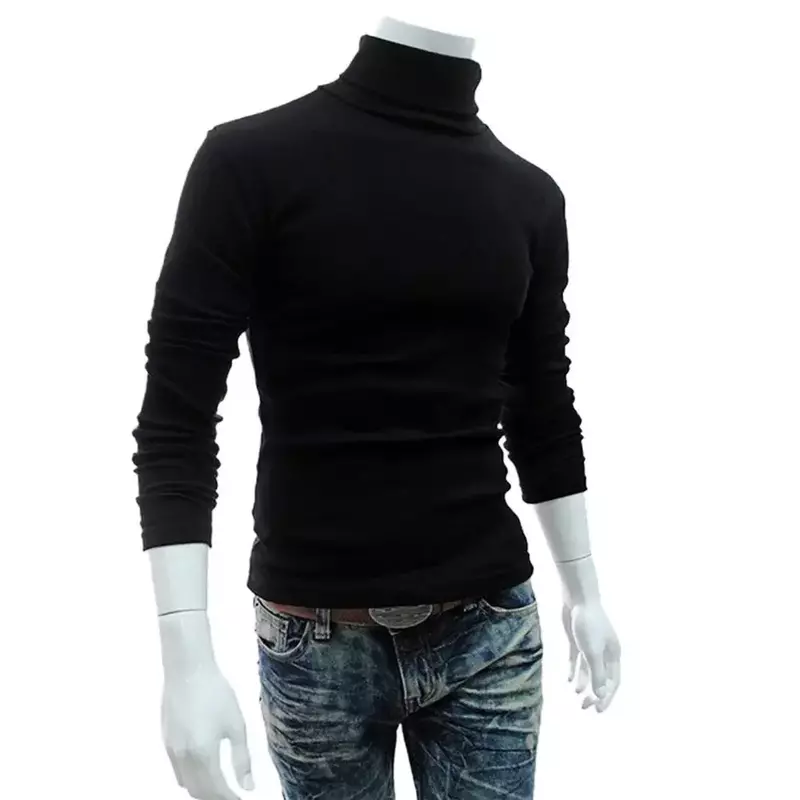 Sleeve Solid Turtleneck Pullover Long Slim Fashion Men Soft Stretchy Knitted Color Autumn Winter Top Shirt