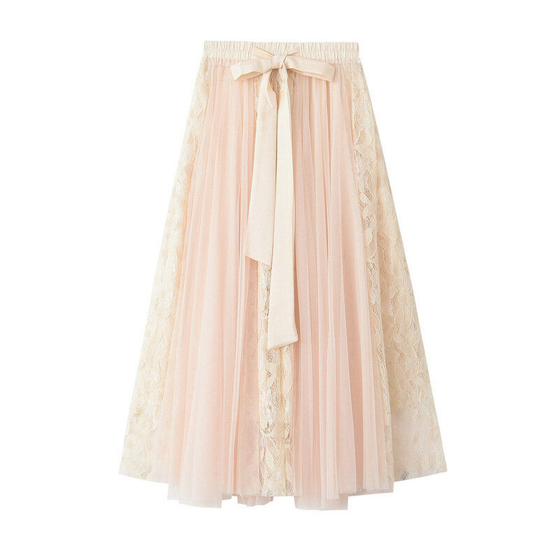 Spring 2024 new lace embroidered patchwork mesh skirt skirt with bow lacing high waist