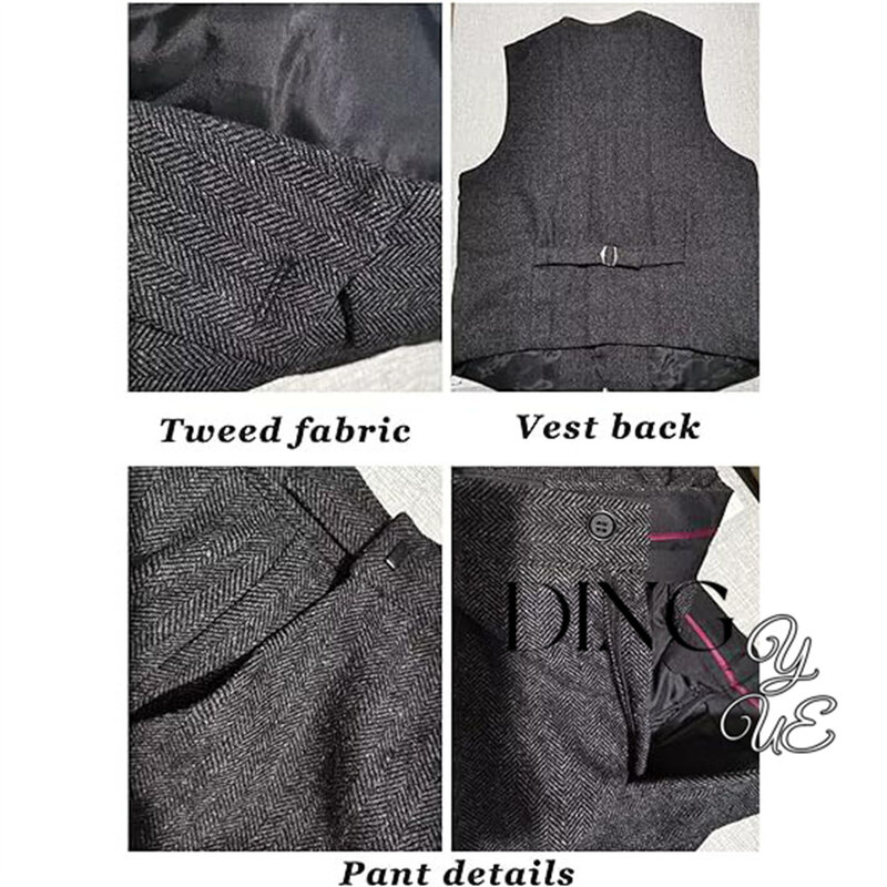 Retro 3-delige Herenpak Set Bruin Grijs Tweed Visgraat Herenpakken Slim Fit Bruidegom Smoking Prom Blazer Custom