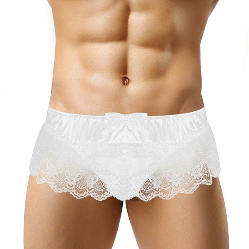 Men Sexy Lace G-Strings Sissy T-Back Ruffle Pouch Panties Satin Briefs Breathable Underwear Gay Wear Gasexyy Erotic Lingerie