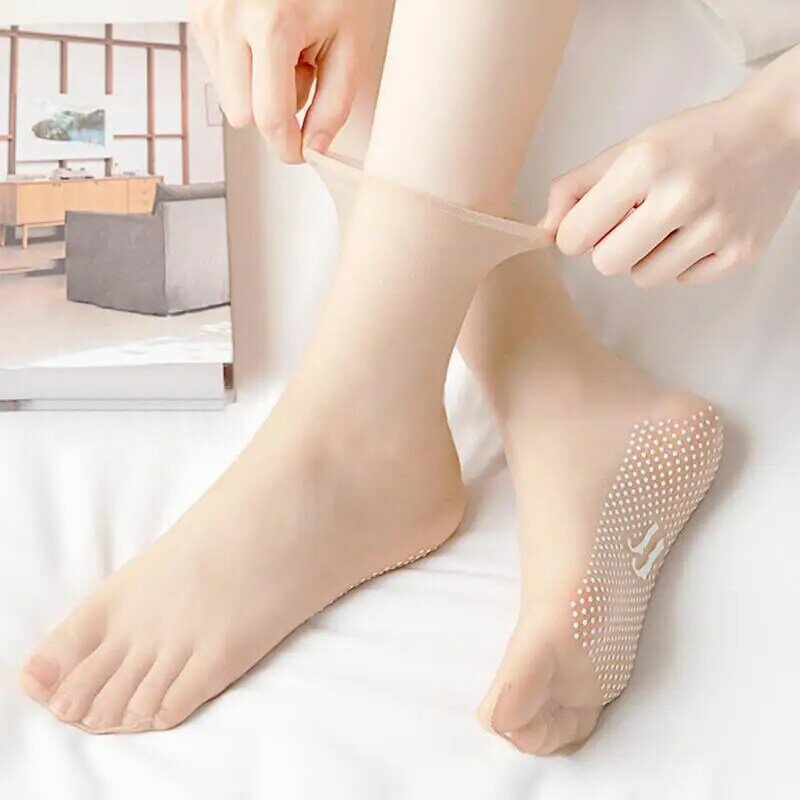 Meias de seda de cristal invisível para mulheres, meias de tornozelo puro ultrafinas, antiderrapantes, curtas, 5 pares