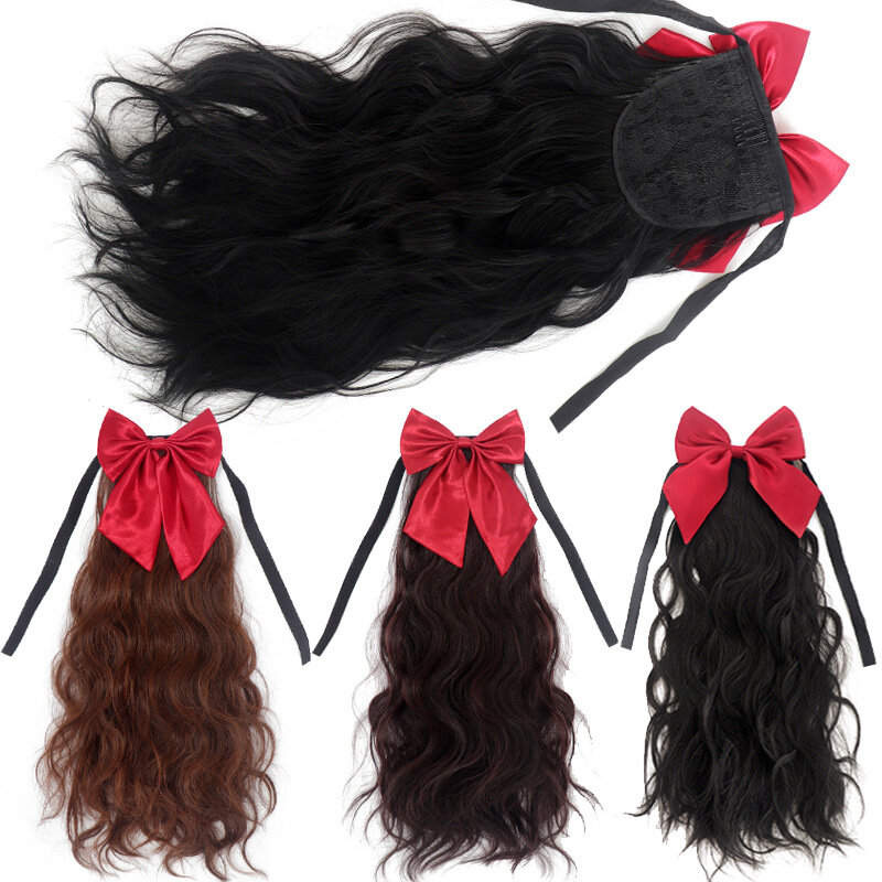 Coleta rizada ondulada para mujer, extensiones de cabello negro, accesorios para el cabello, estilo de pajarita, cabello medio largo, uso diario