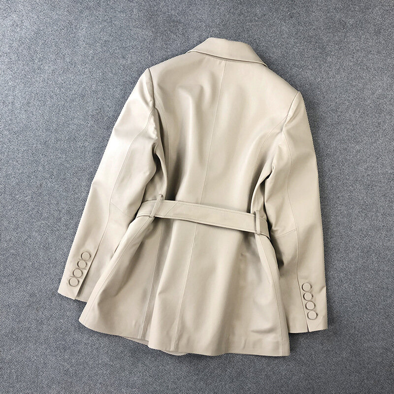 Новинка весна-осень 2022, Женский костюм из шкуры ягненка, кожаная куртка с поясом, пальто средней длины E12