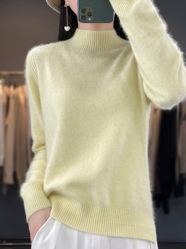 Jesienno-zimowy damski sweter z dekoltem w szpic 100% norek kaszmirowy jednolity, długi rękaw kaszmirowa dzianina odzież damska