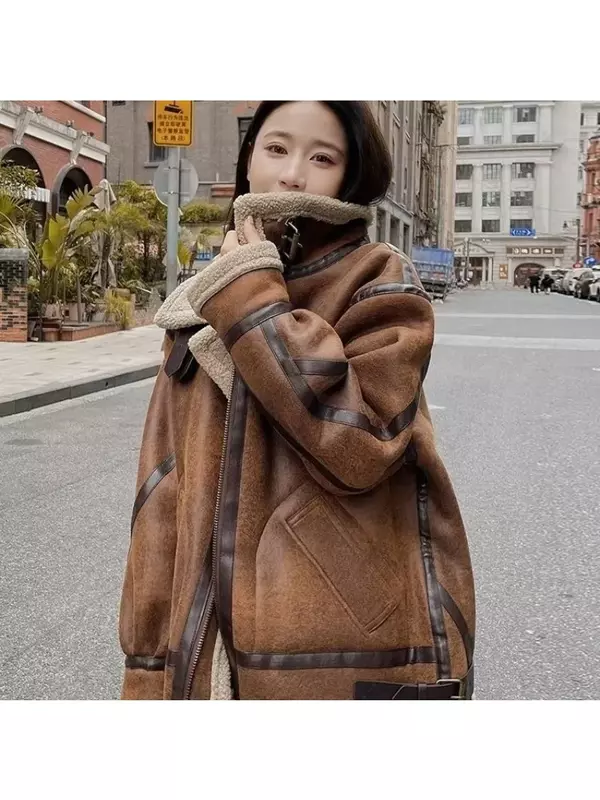 Korean Style A Winter Autumn Lambswool Coat Short Warm Faux Leather Motorcycle Jacket Coat Black Women's Blouse