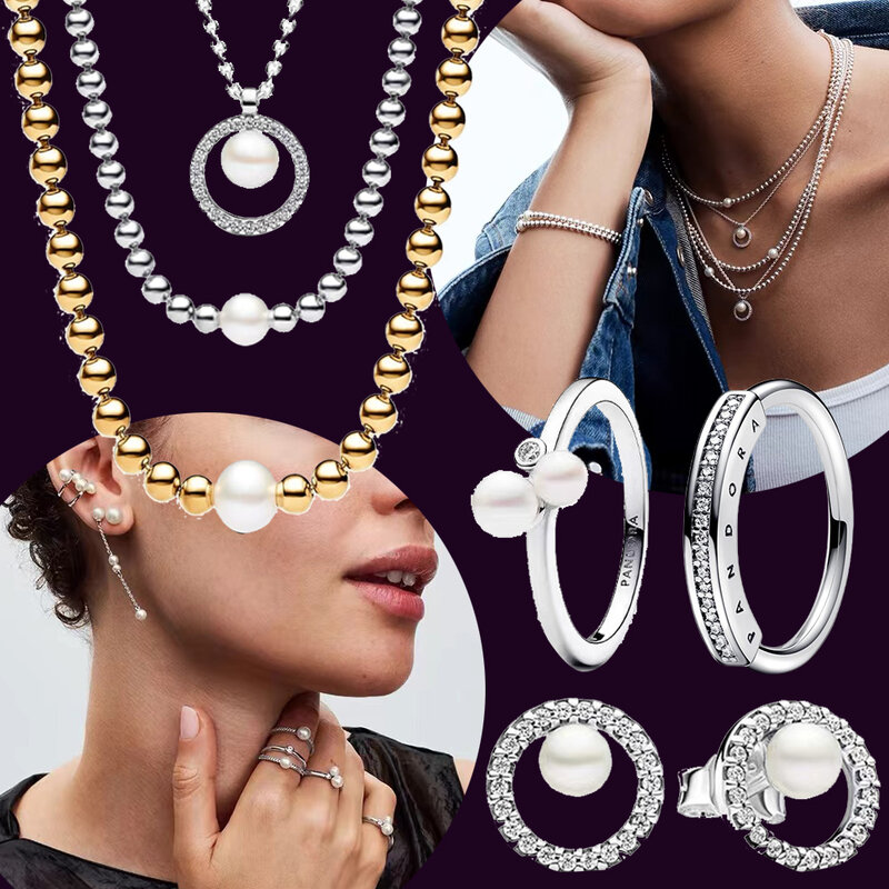 Anillos de la serie de perlas de plata 925 para mujer, joyería de boda Pandora Original, Boutique nupcial, regalos de bricolaje, superventas, 2024