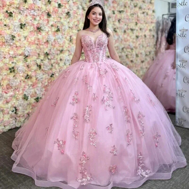Różowe sukienki księżniczki Quinceanera Vestidos De 15 Anos koraliki kryształowy pociąg dworski formalny suknie balowe dziewczęcy suknia na przyjęcie urodzinowe