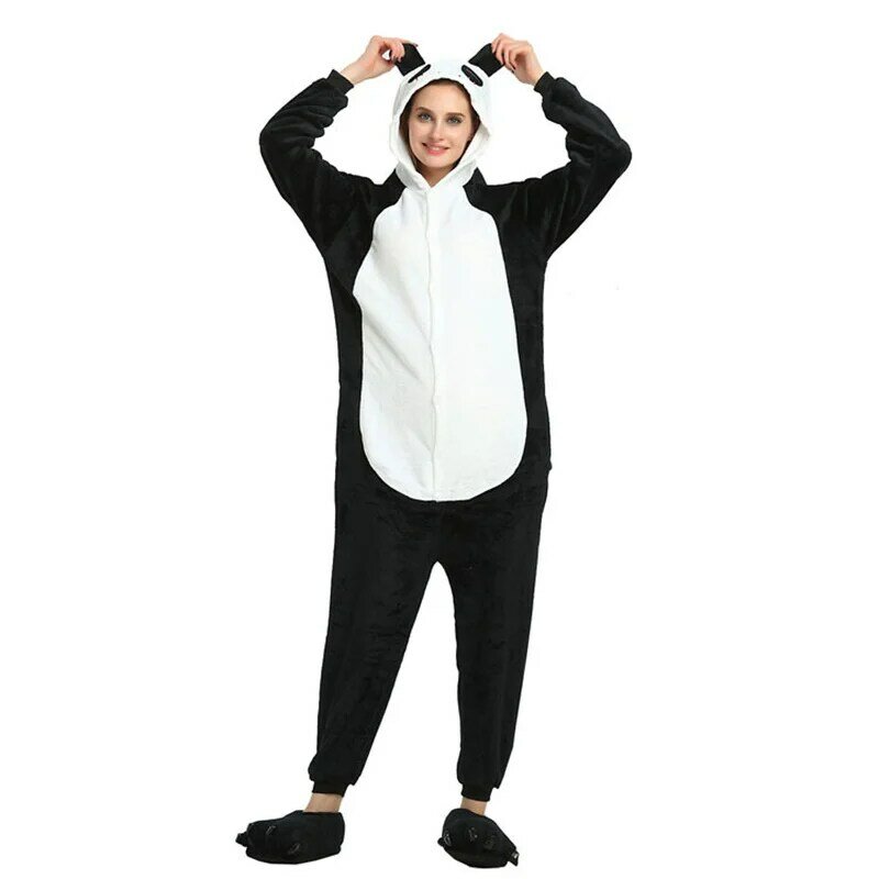 Pijama de uma peça com zíperes panda, flanela macia, pijamas com capuz, loungewear casual, moda unissex, cosplay de halloween, fofo