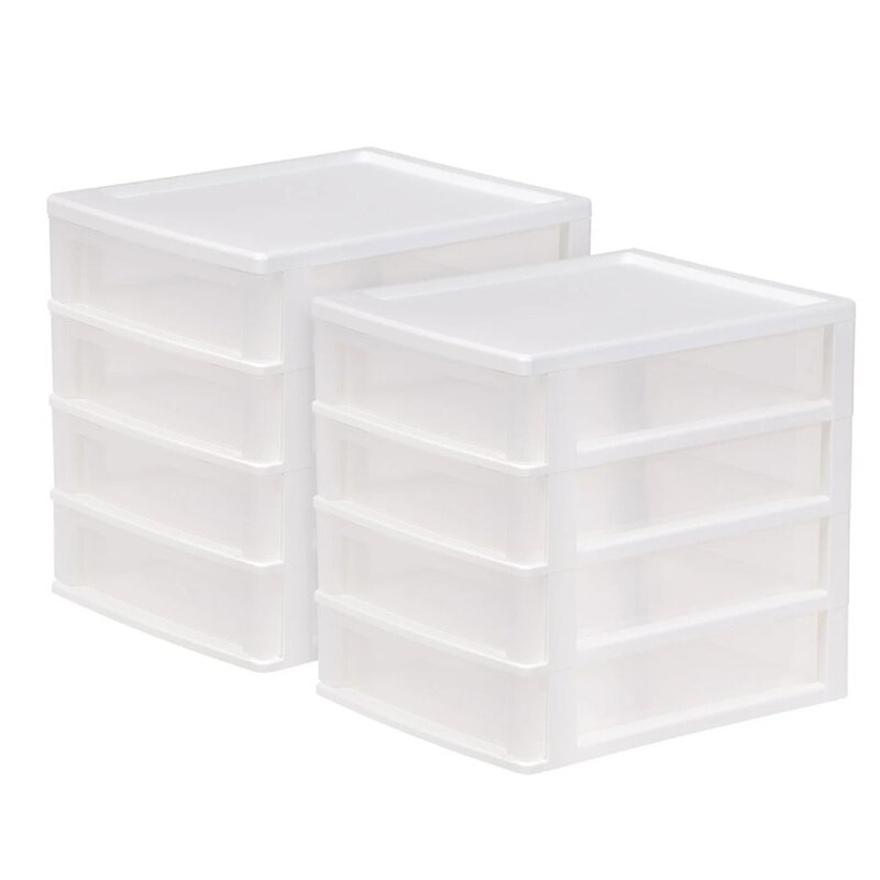 Компактный настольный органайзер среднего размера с 4 выдвижными ящиками, Штабелируемый настольный блок, белый-прозрачный, набор из 2 предметов
