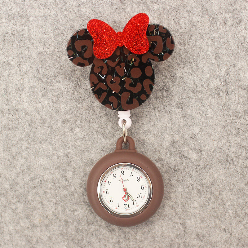만화 레오파드 무늬 귀여운 활 마우스 포켓 시계, 개폐식 클립 포함, 남녀공용
