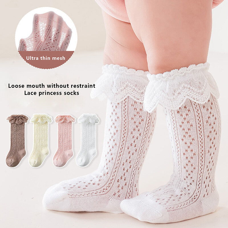 Toddler Girls Knee High Socks Infant Baby Summer Breathable Knit Lace Ruffle Princess Socks for Party Wedding Photography