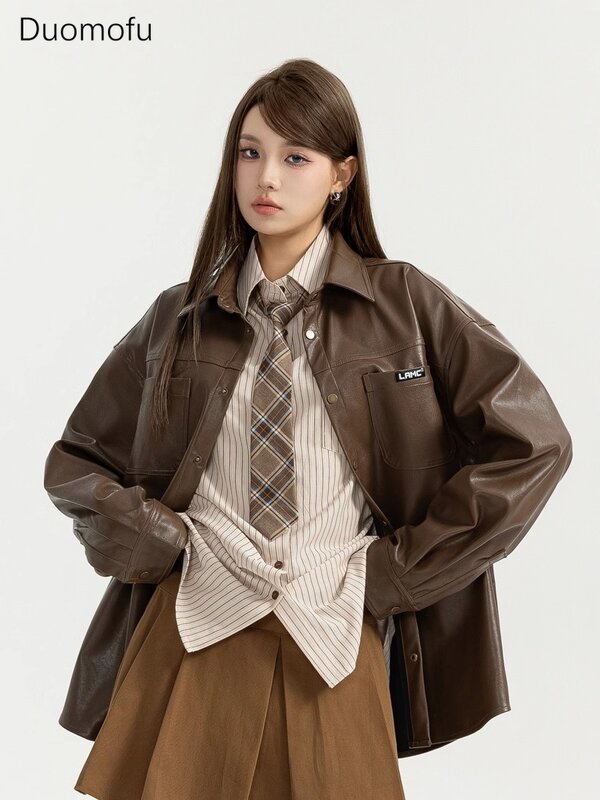 Duomofu 시크한 넥 빈티지 기본 PU 여성 재킷, 루즈 심플 캐주얼, 퓨어 컬러 패션, 싱글 브레스트 여성 재킷, 가을, 신상