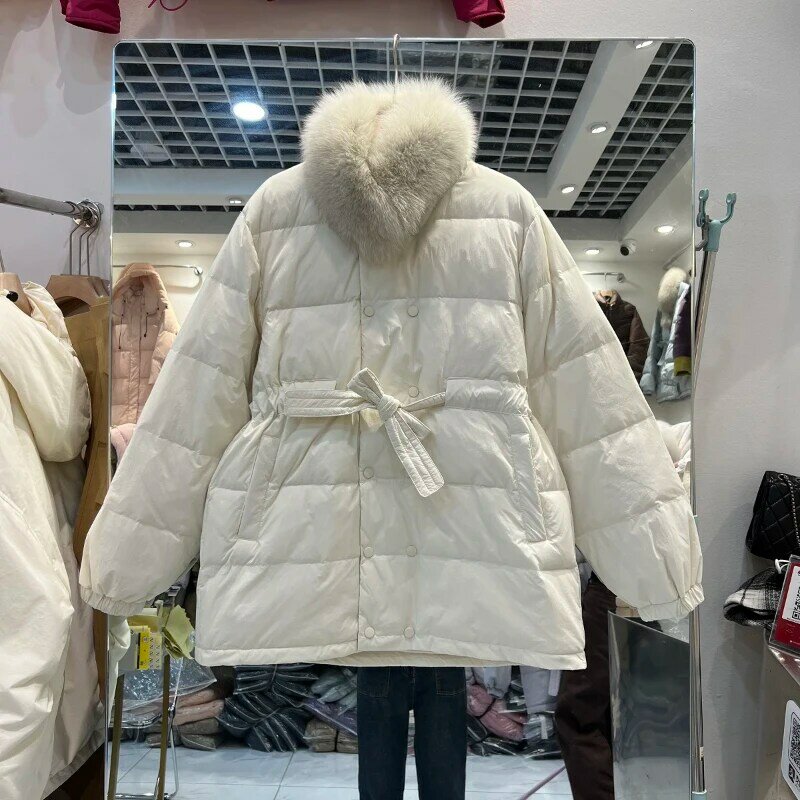 Jaket panjang musim dingin wanita, pakaian luar termal untuk 18-24Y, jaket salju Panjang warna polos, tali serut berenda, mode baru