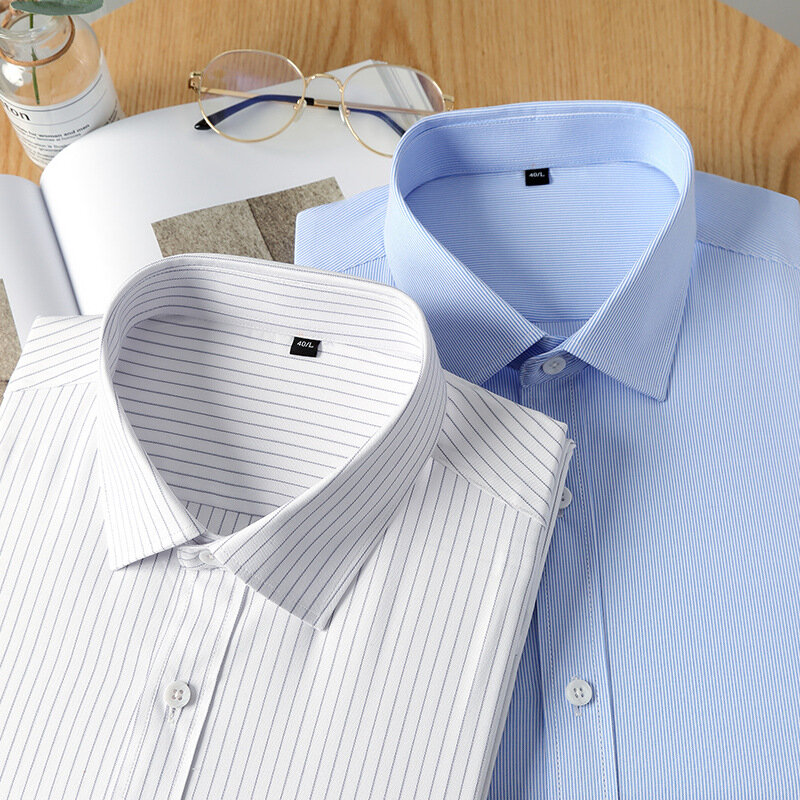 2022 Camisa casual de manga comprida para negócios masculina, listrada clássica, vestido social masculino, tamanho grande Camisa