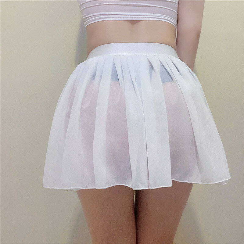 Rok lipit sifon rok Mini tembus pandang pinggang tinggi untuk wanita rok pendek pesta seksi