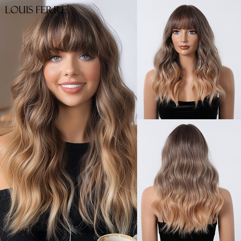 LOUIS FERRE Medium Length Wavy Synthetic Wigs With Bangs Ombre Brown Blonde Natural Wave Hair Wigs for Women Daily Use Fiber Wig