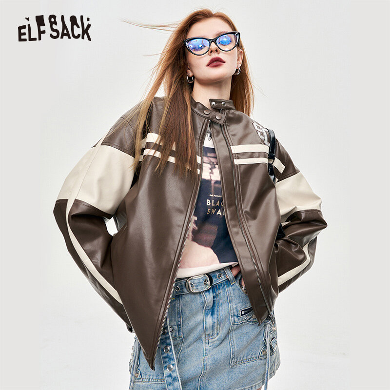ELFSACK Mailard Leather Jacket Woman 2024 Spring New Causal Outfits
