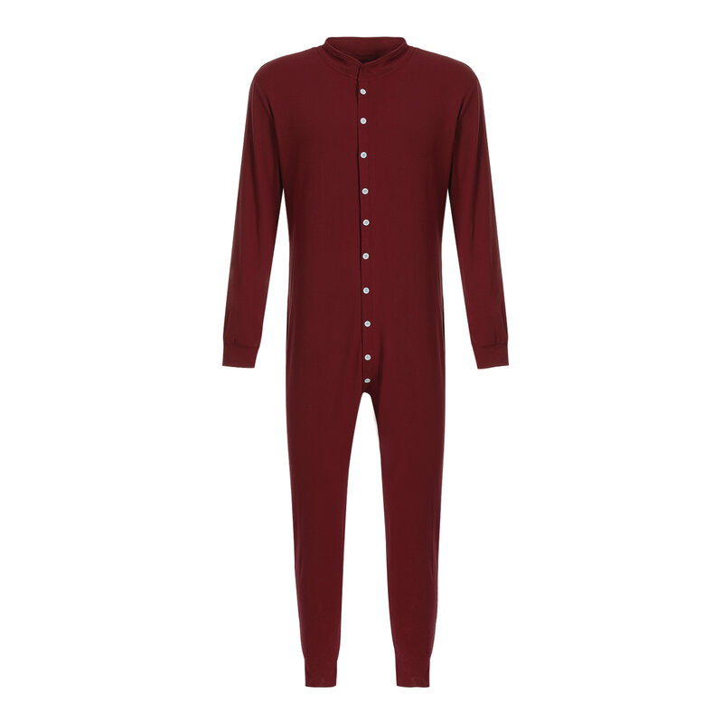 Pijama dianteiro de botão manga comprida masculino, macacão bodysuit, calça de perna casual, roupa de casa