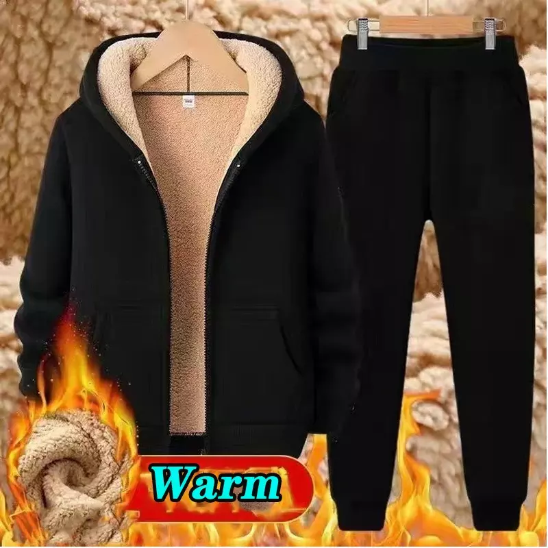 Men's Sets Tracksuit Men Lamb Cashmere Winter Wool Hooded Sweatshirt Thick Warm Sportswear Male Suit Two Piece Set Casual Sets