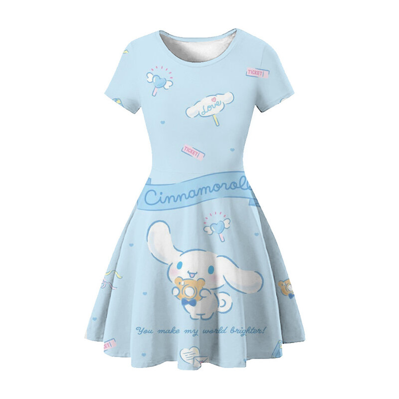 MINISO vestido de Hello Kitty para niña, ropa de princesa de manga corta con estampado 3d de Kuromi, Verano