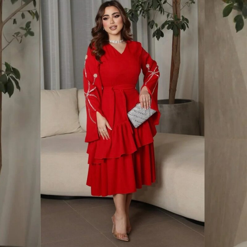 Prom Dress Evening Jersey Beading Ruffle Formal  A-line V-neck Bespoke Occasion Gown Midi Dresses Saudi Arabia