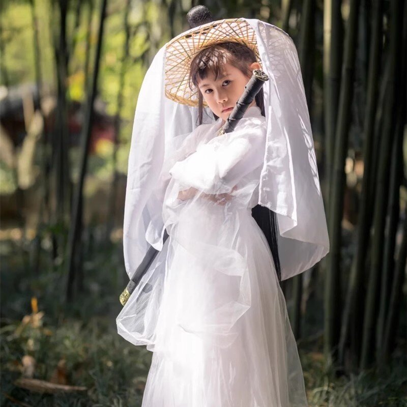 Hanfu-chapéu branco com contas penduradas e borlas para as mulheres, chapéu de balde cavalheiresco, espada fotografia, katana, chinesa, cosplay