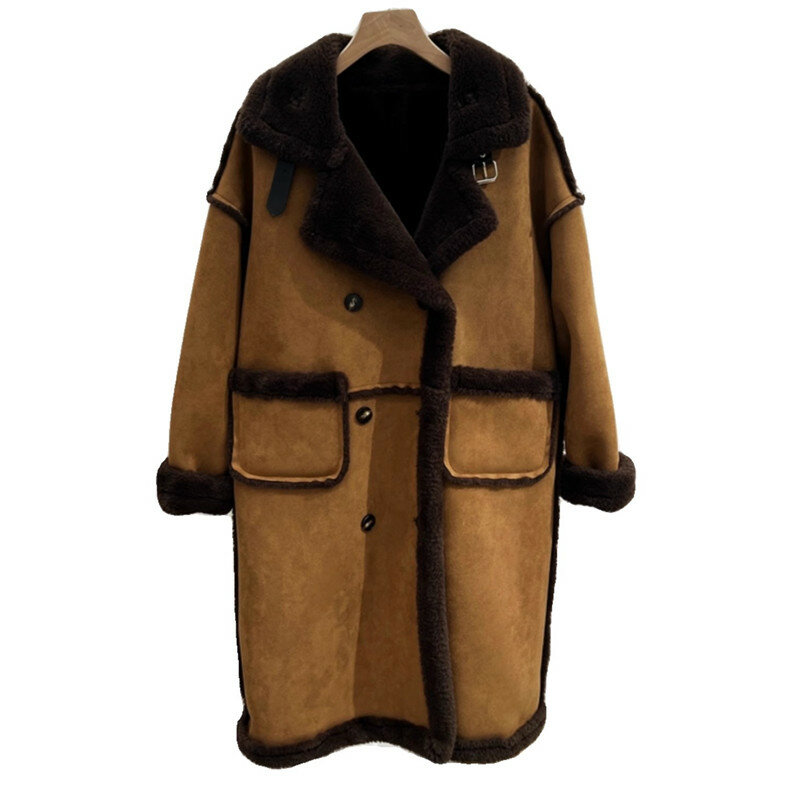 Chaqueta de gamuza de lana de cordero para mujer, abrigo largo grueso, bolsillo de doble botonadura, chaqueta de cuero informal, moda de invierno