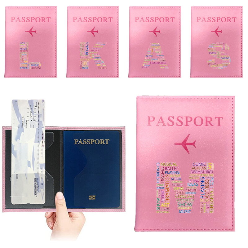 Capa de passaporte de avião para homens e mulheres, bolsa de viagem, bolsa de couro rosa, texto bonito, carteira impressa, titular menina