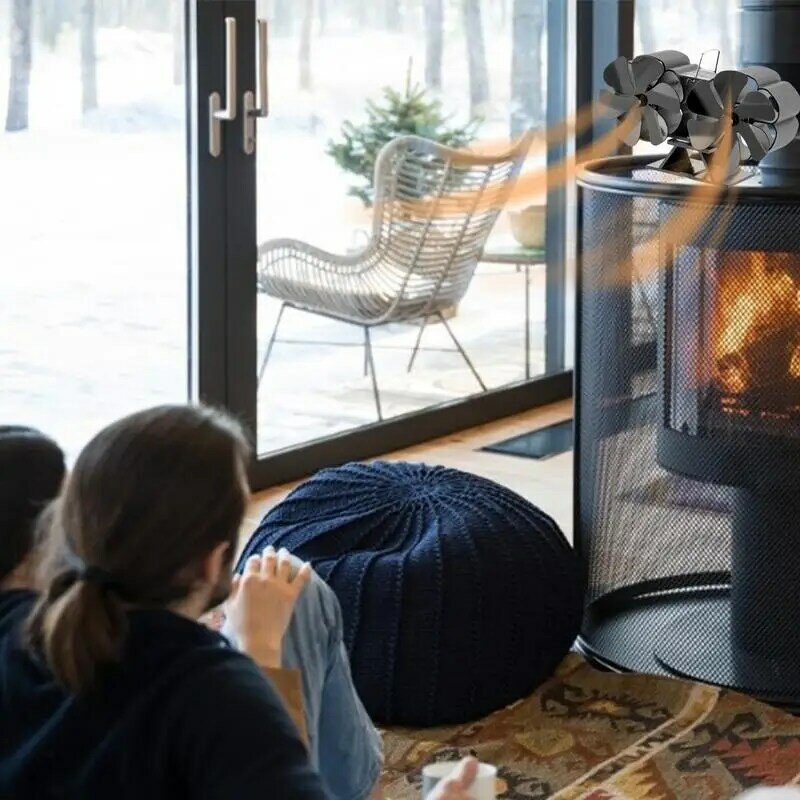 Ventilador de estufa de doble cabezal, alimentado por calor con 12 aspas, negro, quemador de leña, ecológico, montado en la pared, funcionamiento sin energía