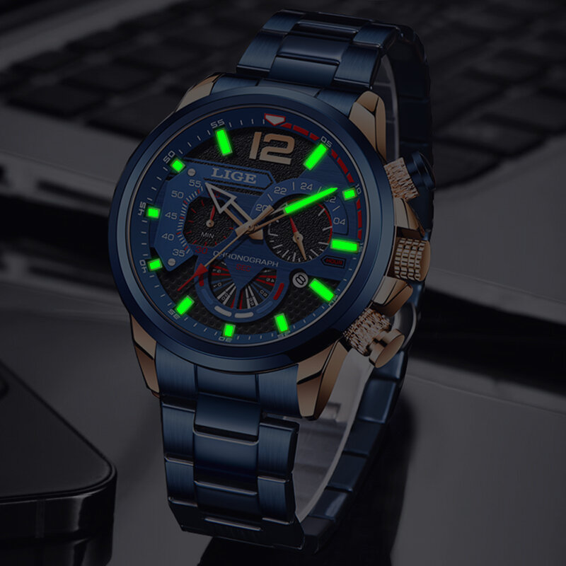 LIGE zegarki ze stali nierdzewnej męskie luksusowe duże zegarki mężczyźni wodoodporny zegarek kwarcowy sport Chronograph zegar Relogio Masculino
