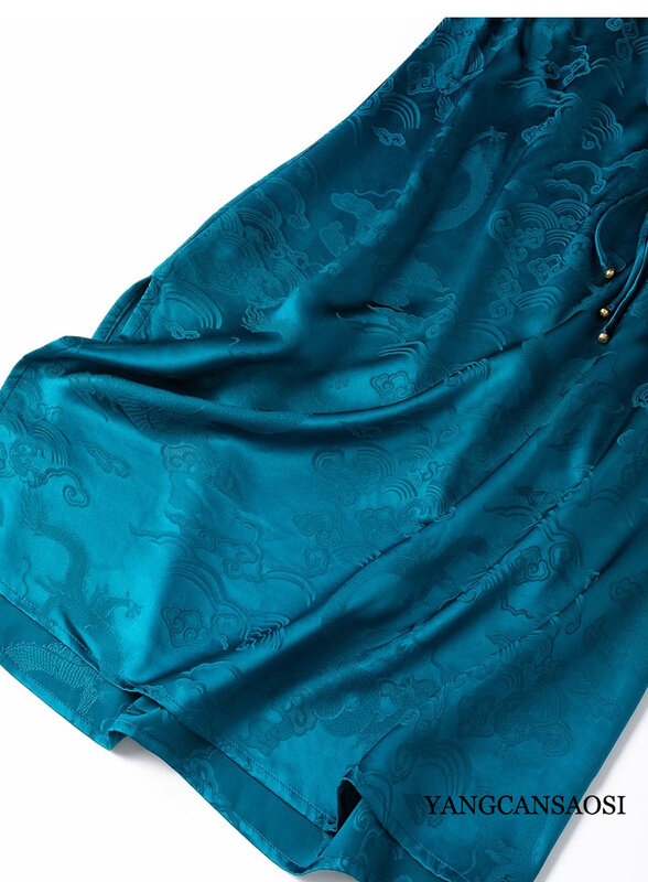 2024 moda damska lato nowa ciężka 100% naturalny jedwab morwowy żakardowa satyna nowa chińska pawia niebieska spódnica z rozcięciem