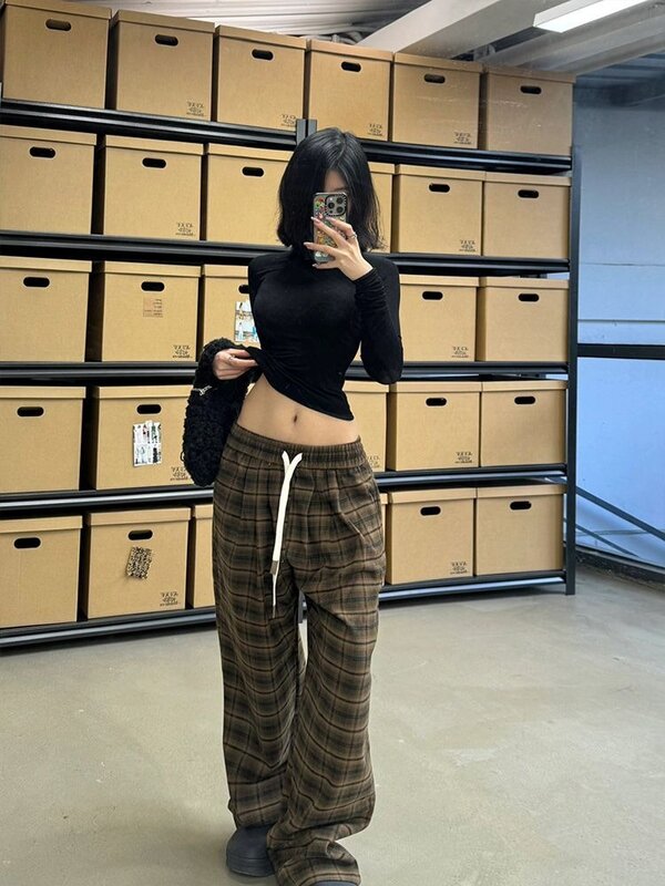 HOUZHOU Vintage Y2k Baggy Plaid Pants Woman Korean Fashion Harajuku Streetwear Japanese Style Gyaru Casual Oversize Trousers