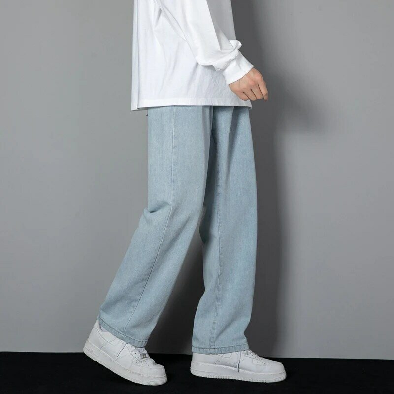 2023 Nieuwe Koreaanse Heren Casual Lange Jeans Klassieke Man Straight Denim Wijde Pijpen Broek Effen Kleur Lichtblauw Grijs Zwart 3xl