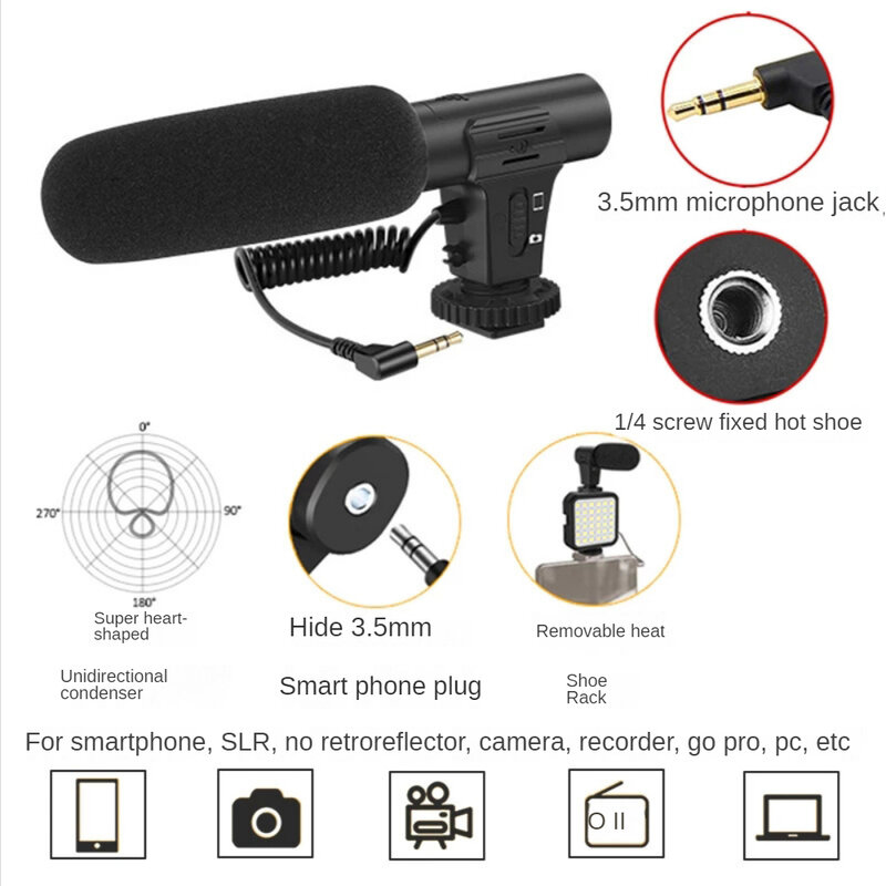 Kit de vlogging pour téléphone, kit de démarrage YouTube compatible pour les créateurs de contenu, comprend un support pour téléphone, une lumière LED, un microphone de fusil de chasse