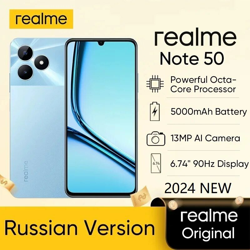 Realme Note 50 ponsel pintar, baru 2024 layar tampilan 6.74 ''90Hz kamera AI 13MP IP54 5000mAh pengisian daya Cepat kuat Chipset 8-Core