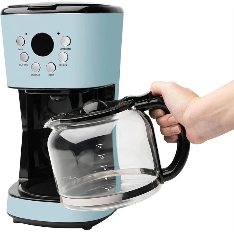 12 Cup Capacity Programmable Ergonomic Vintage Retro Home Countertop Coffee Maker Machine with Glass Carafe Pot, Turquoise Blue