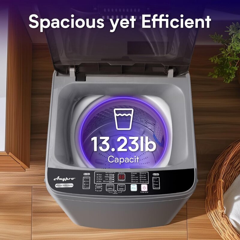 Mesin cuci portabel kecil 13LBS mesin cuci portabel dengan pembuangan saluran, 10 Program/8 tingkat air/tampilan LED otomatis penuh