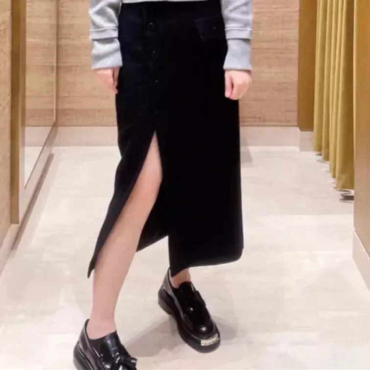 Женская твидовая юбка с завышенной талией, черная элегантная юбка средней длины с диагональным вырезом, весна 2024