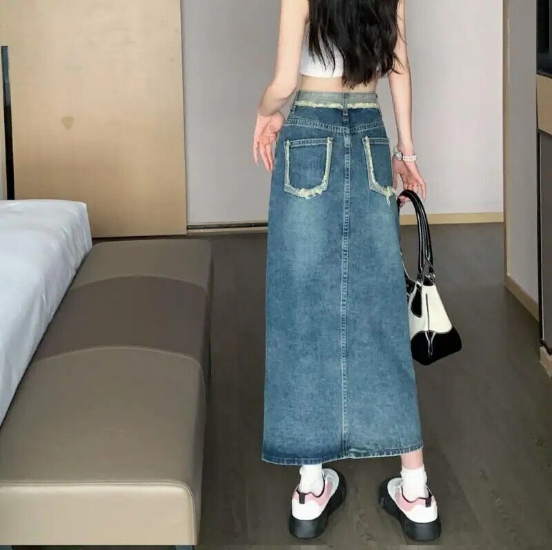 Neue Spleiß Split A-Linie Rock Tasche gewaschen mittellangen Rock Damen bekleidung hoch taillierten geteilten Jeans rock für Frauen