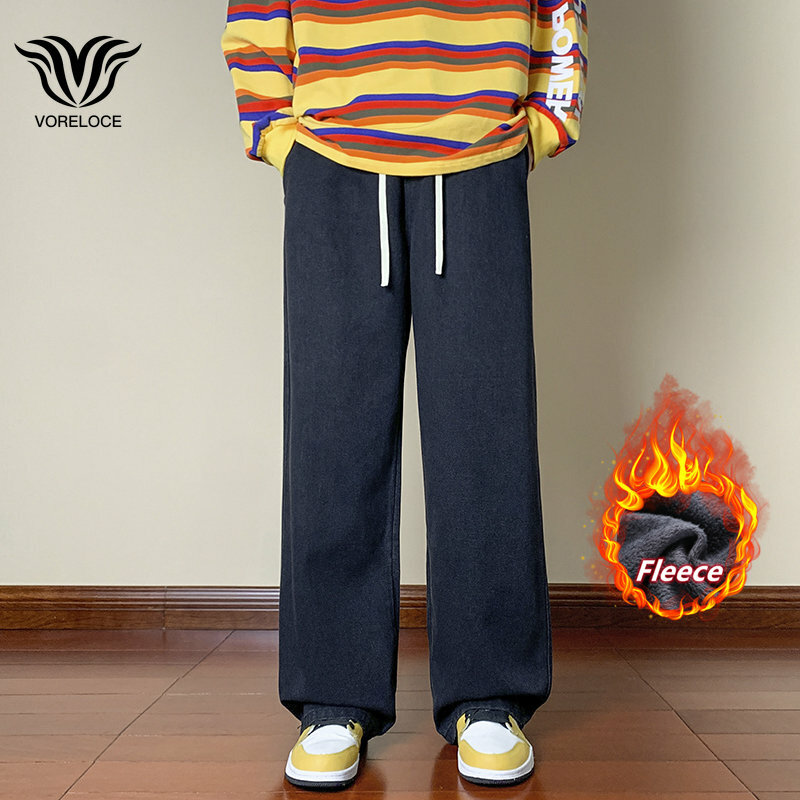Pantalones holgados de lana para hombre, Jeans cálidos, informales, gruesos, clásicos, de calle, Corea del Sur, nueva moda de invierno