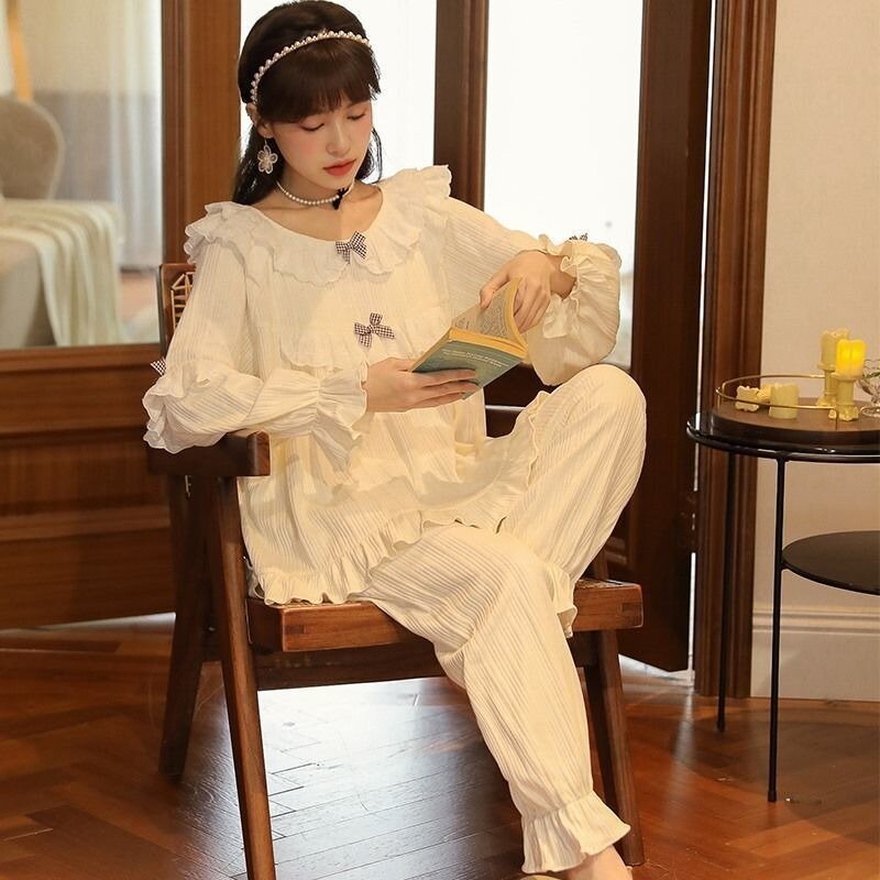 Pijama feminino de mangas compridas, terno de duas peças, pijama casual, doce estilo princesa, roupa de casa solta, início da primavera, 2022