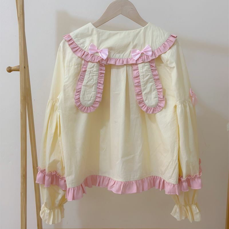 Японские милые блузки в стиле "Лолита", рубашка с оборками, бантом, кроличьими ушками, воротником «Питер Пэн», Униформа, топы для девушек
