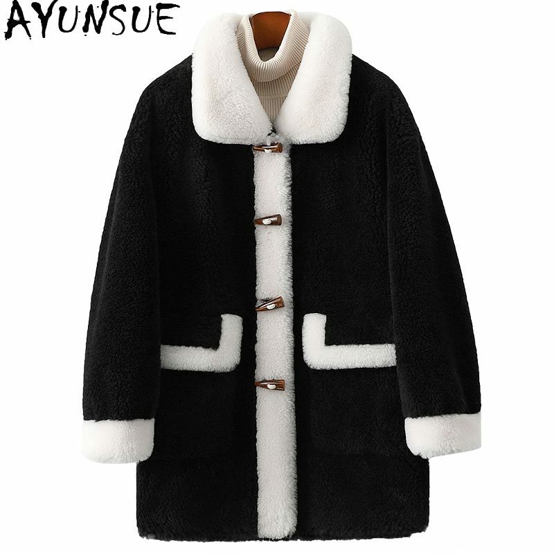 Ayune-abrigo de piel de lana para mujer, chaqueta de corte de oveja Real, chaquetas de lana de longitud media, abrigo informal, Sqq1365, Invierno 100%