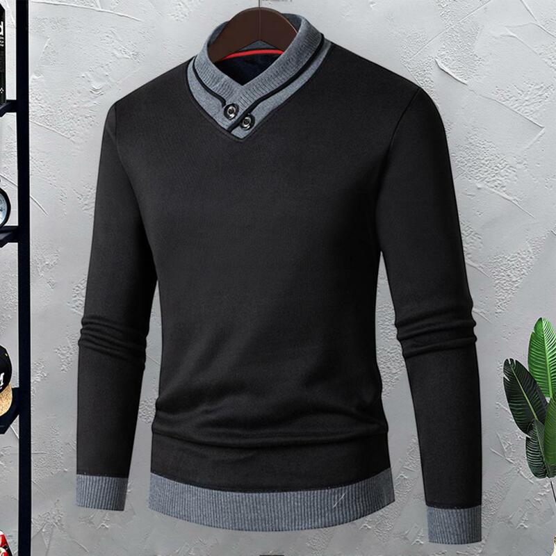 Suéter masculino slim fit de malha com gola V, pulôver slim fit, comprimento médio, grosso, elástico, quente, cores de contraste, outono