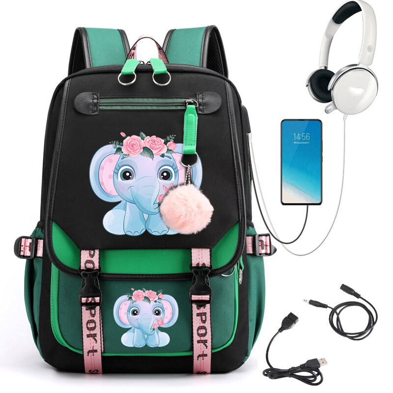 حقيبة ظهر مطبوعة على شكل فيل للفتيات المراهقات ، حقيبة مدرسة ابتدائية للأطفال ، حقيبة كتب كرتونية ، حقائب ظهر بشحن USB