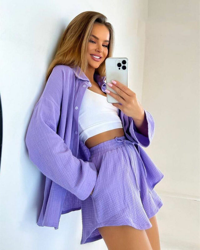 Solid Pleated Shorts Two Piece Set For Women Casual Loose Long Sleeve Shorts Set 2024 Autumn Fashion Women'S Suit Button Outfits